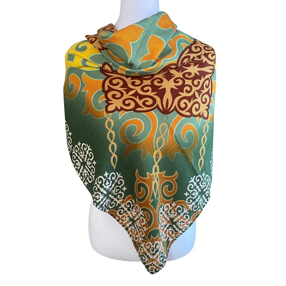 Fermes Paris Green Yellow Orange Damask Scrollwork Square Scarf Neckerchief